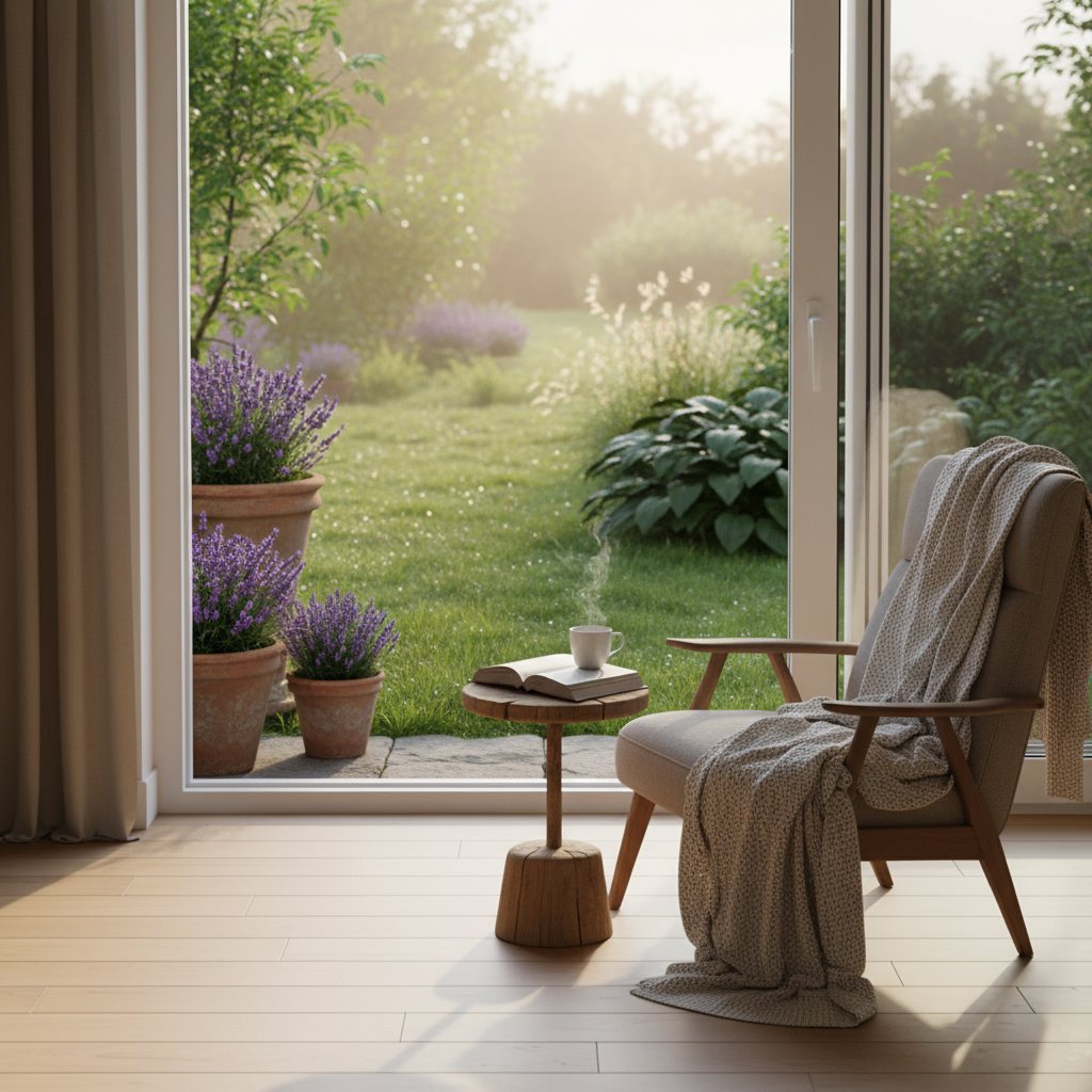 Praktische tips voor huis en tuin: georganiseerde woonkamer met sfeervol verlichting, planten en opgeruimde inrichting